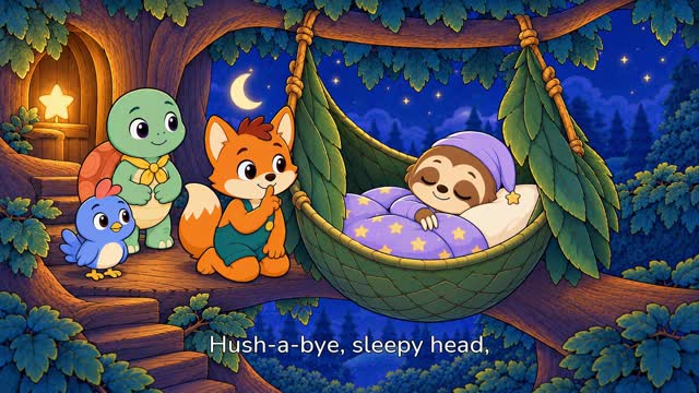 A sleepy sloth resting in a leaf hammock under the stars