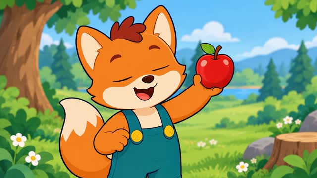 Tavi discovering a bright red apple in the woods